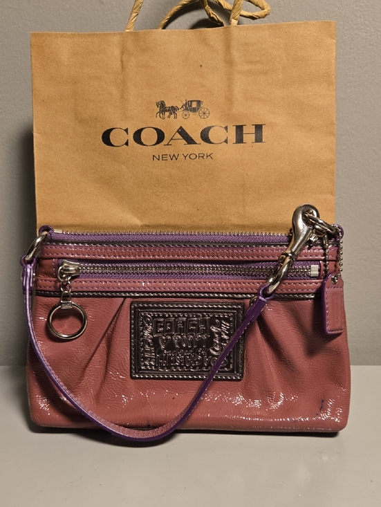 Coach Handbags - Coach Poppy Pink Wristlet with Purple Trim